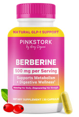 Pink Stork Berberine 500mg bottle showing metabolism support and vegan formula