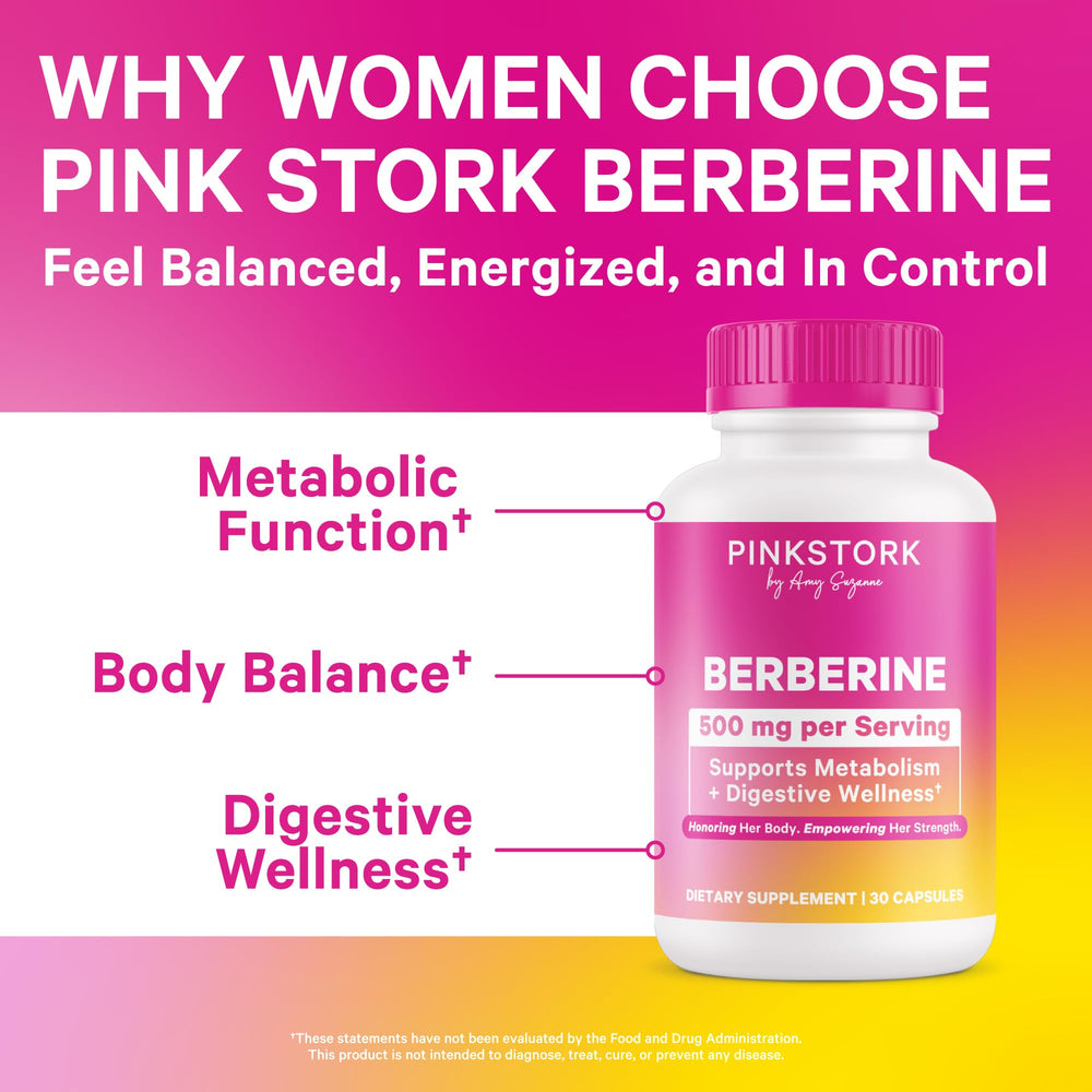 Pink Stork Berberine vegetarian capsules arranged for daily gut health
