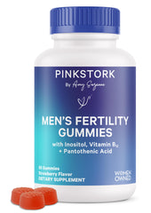 Pink Stork Blue Stork men's fertility gummies bottle supports conception goals.