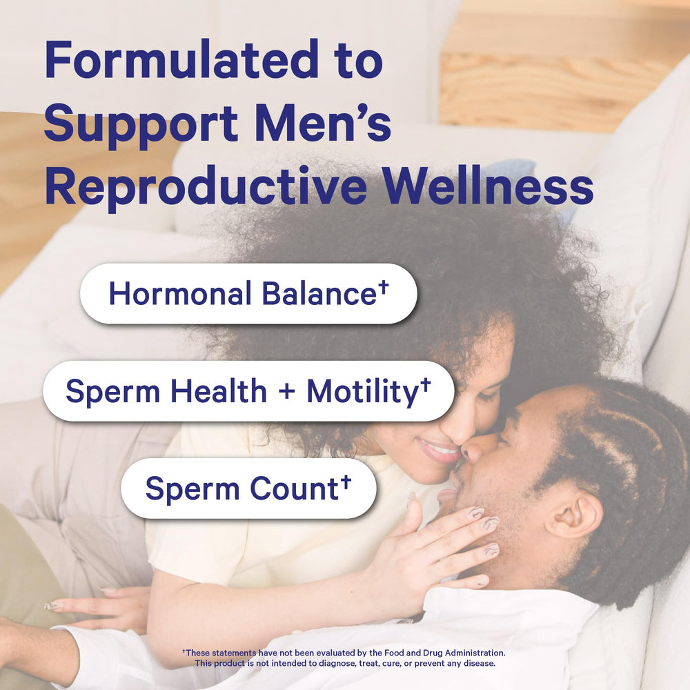 Blue Stork label shows essential vitamins for male fertility.