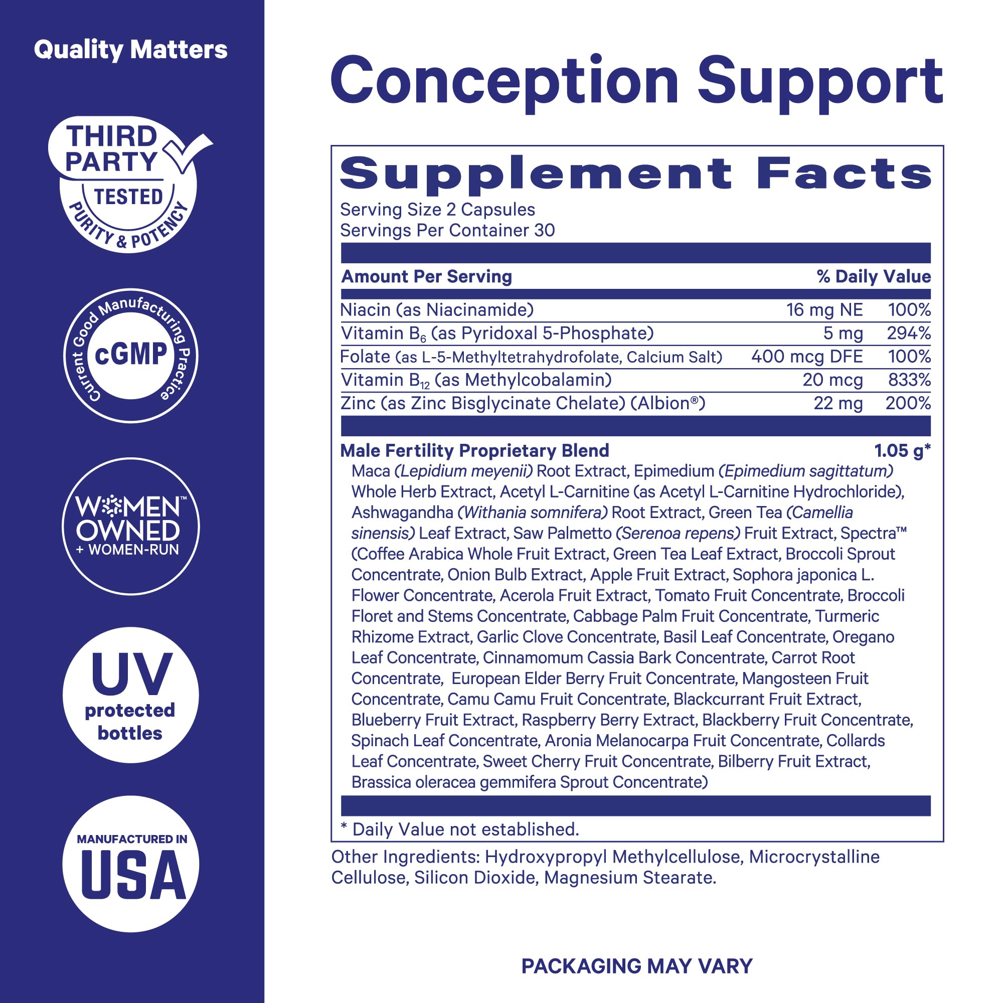 Label highlights maca root and ashwagandha ingredients.