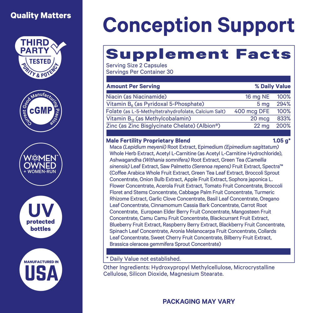 Label highlights maca root and ashwagandha ingredients.