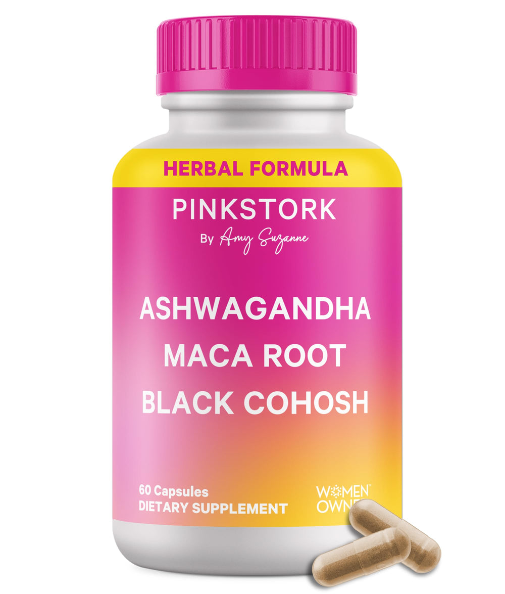Pink Stork bottle with herbal capsules for hormone balance during perimenopause.