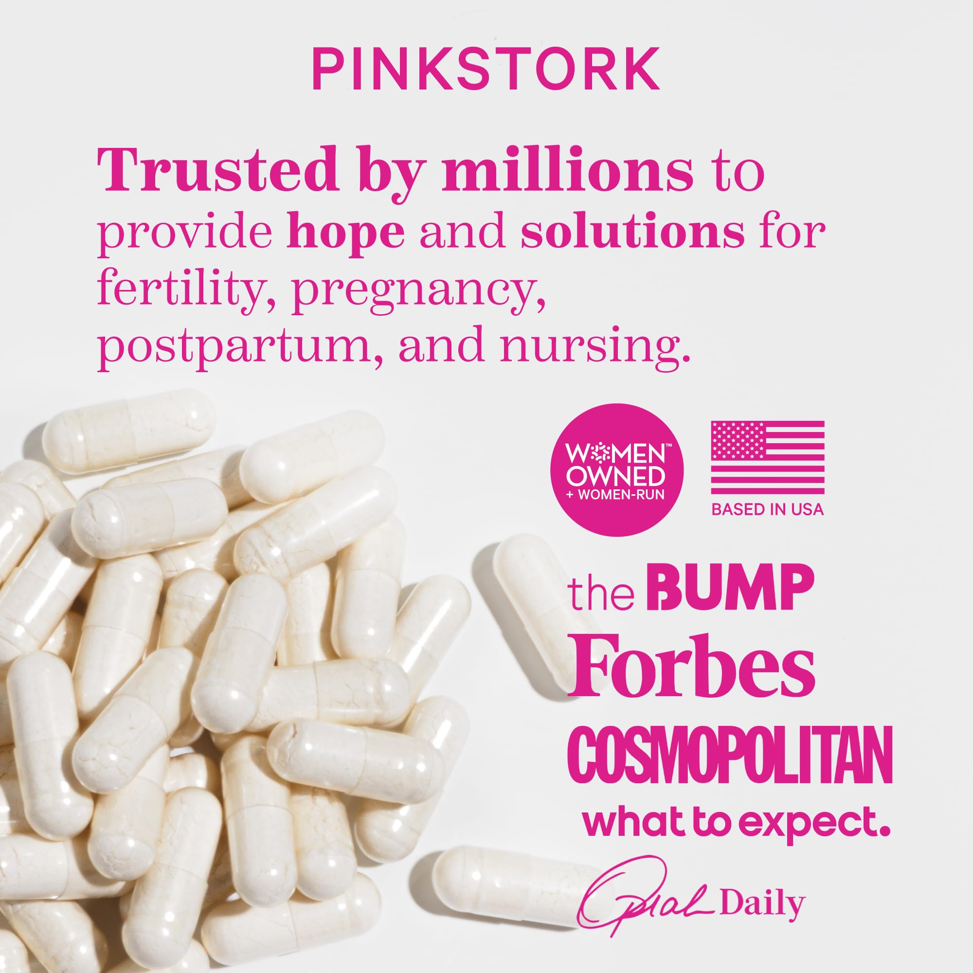 Close-up view of Pink Stork Labor Prep capsules for easy dosing.