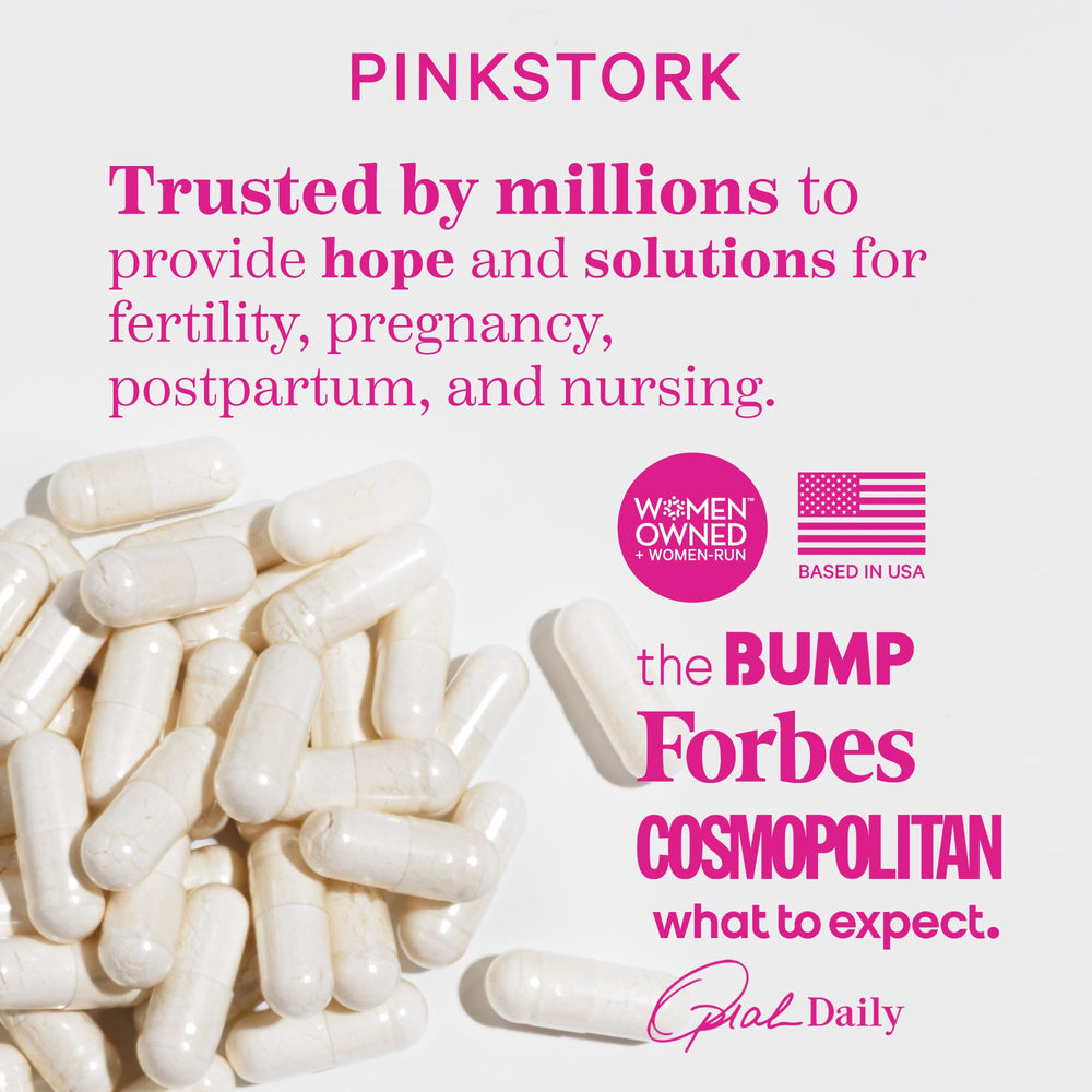 Close-up view of Pink Stork Labor Prep capsules for easy dosing.