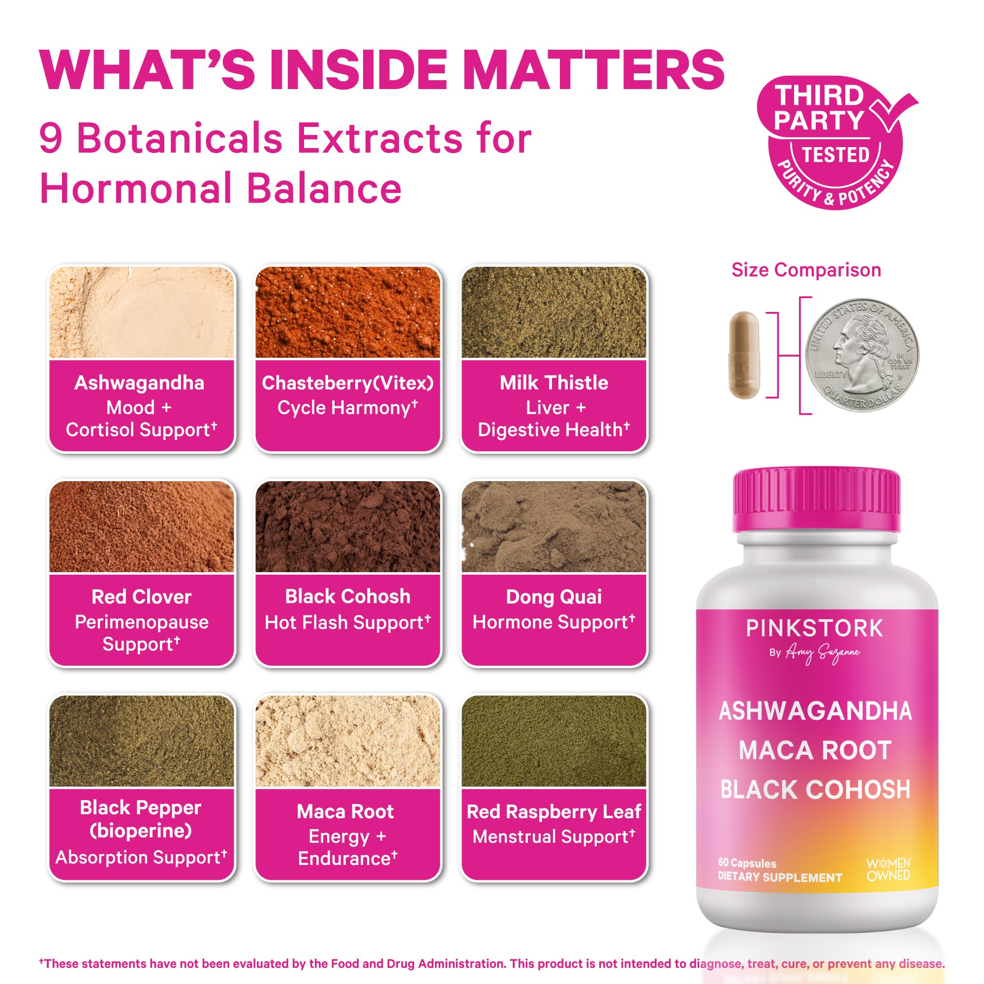 Pink Stork capsules on white background, plant-based formula for mood and energy support.