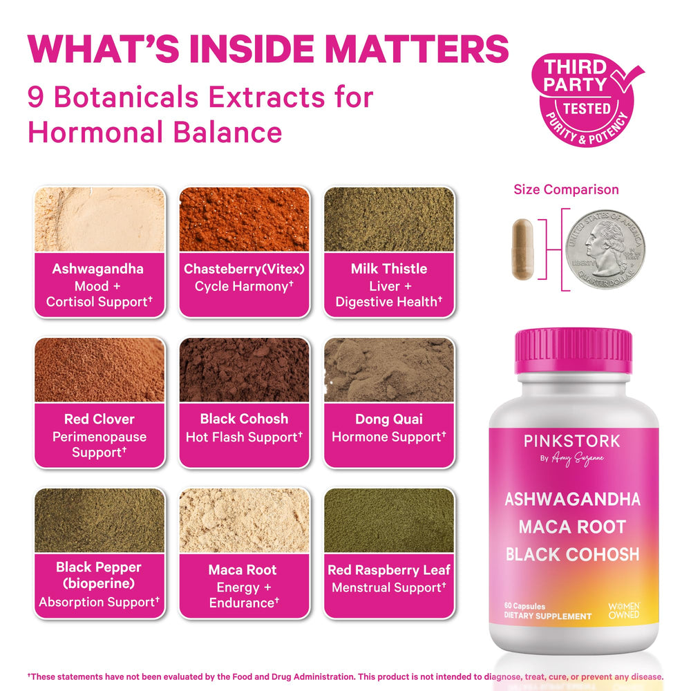 Pink Stork capsules on white background, plant-based formula for mood and energy support.