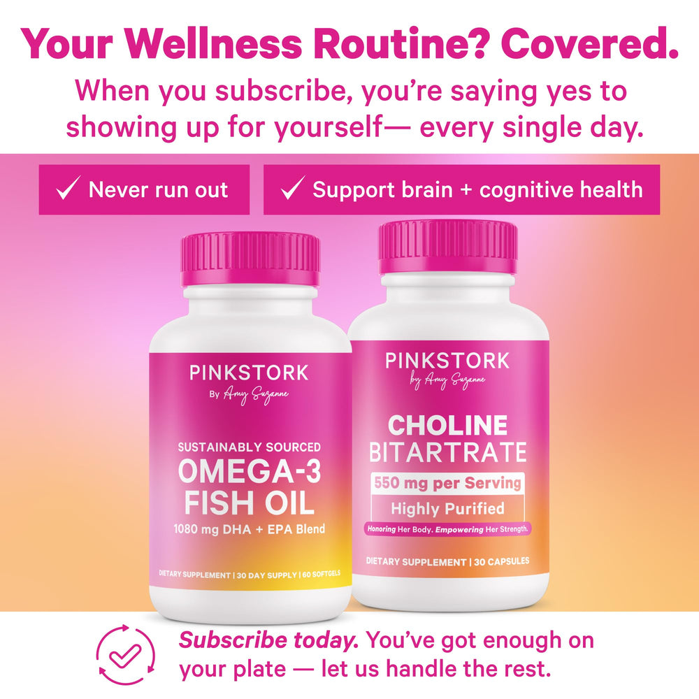 Pink Stork Choline capsule pour illustrating quick daily serving