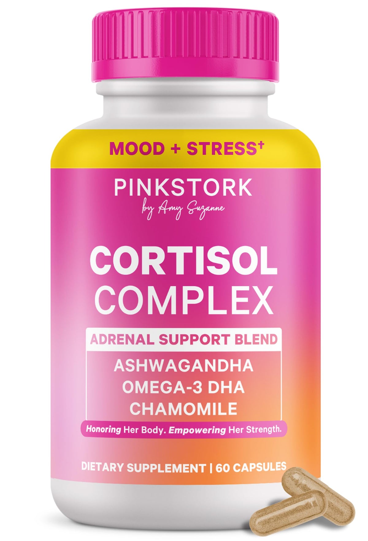 Pink Stork Cortisol Complex bottle cap close-up illustrating convenient daytime support.
