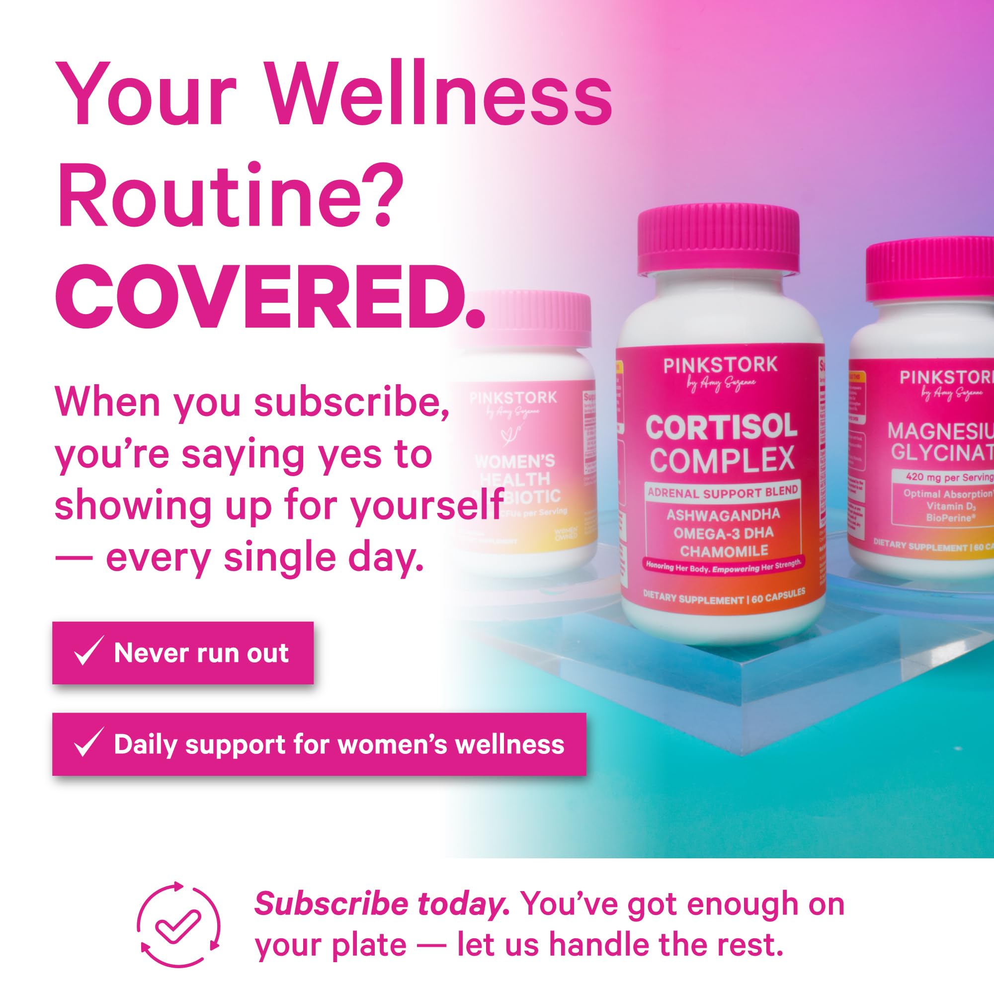 Pink Stork Cortisol Complex bottle with UV protection signaling premium packaging.