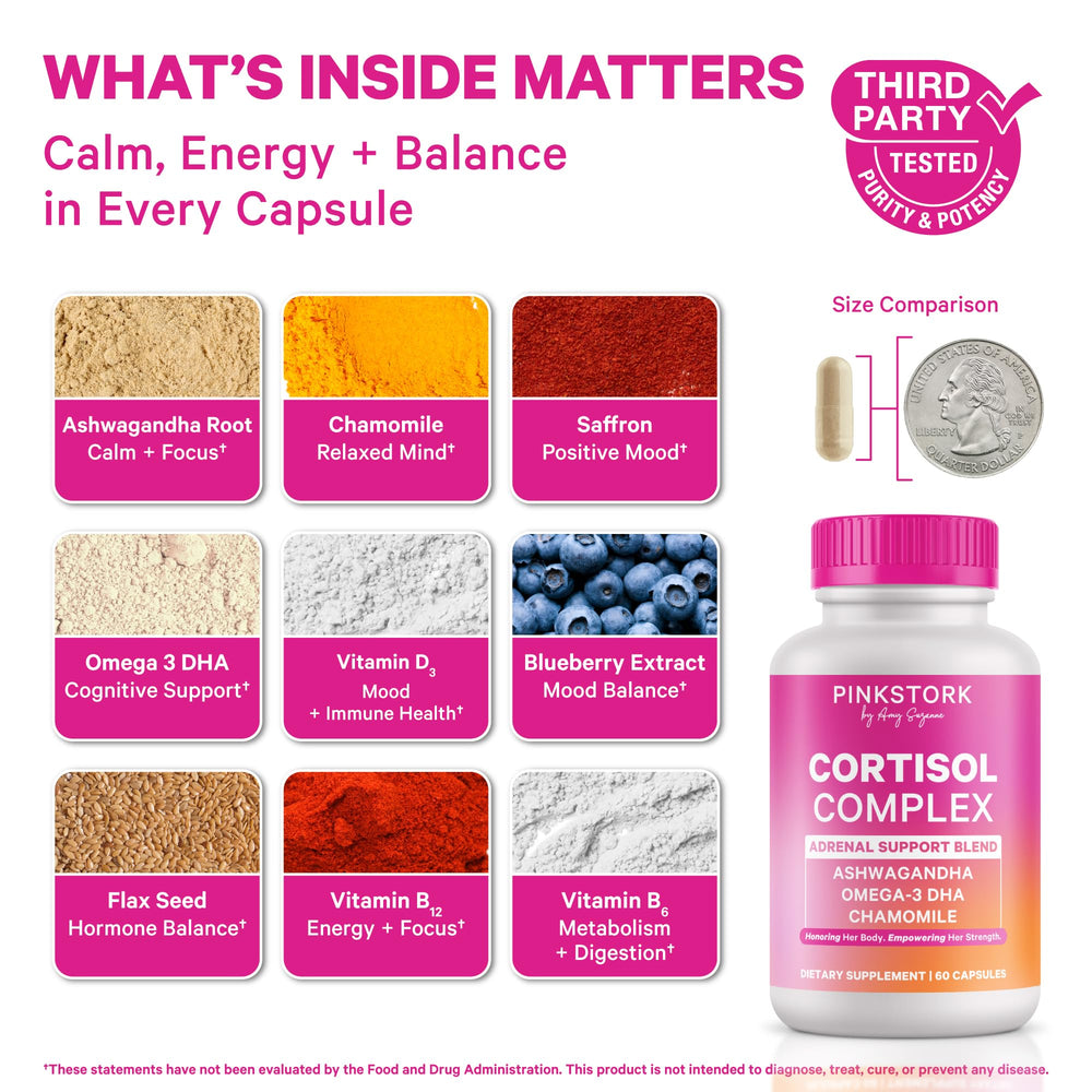 Pink Stork Cortisol Complex capsules arranged for easy daily use.