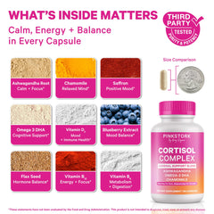 Pink Stork Cortisol Complex capsules arranged for easy daily use.