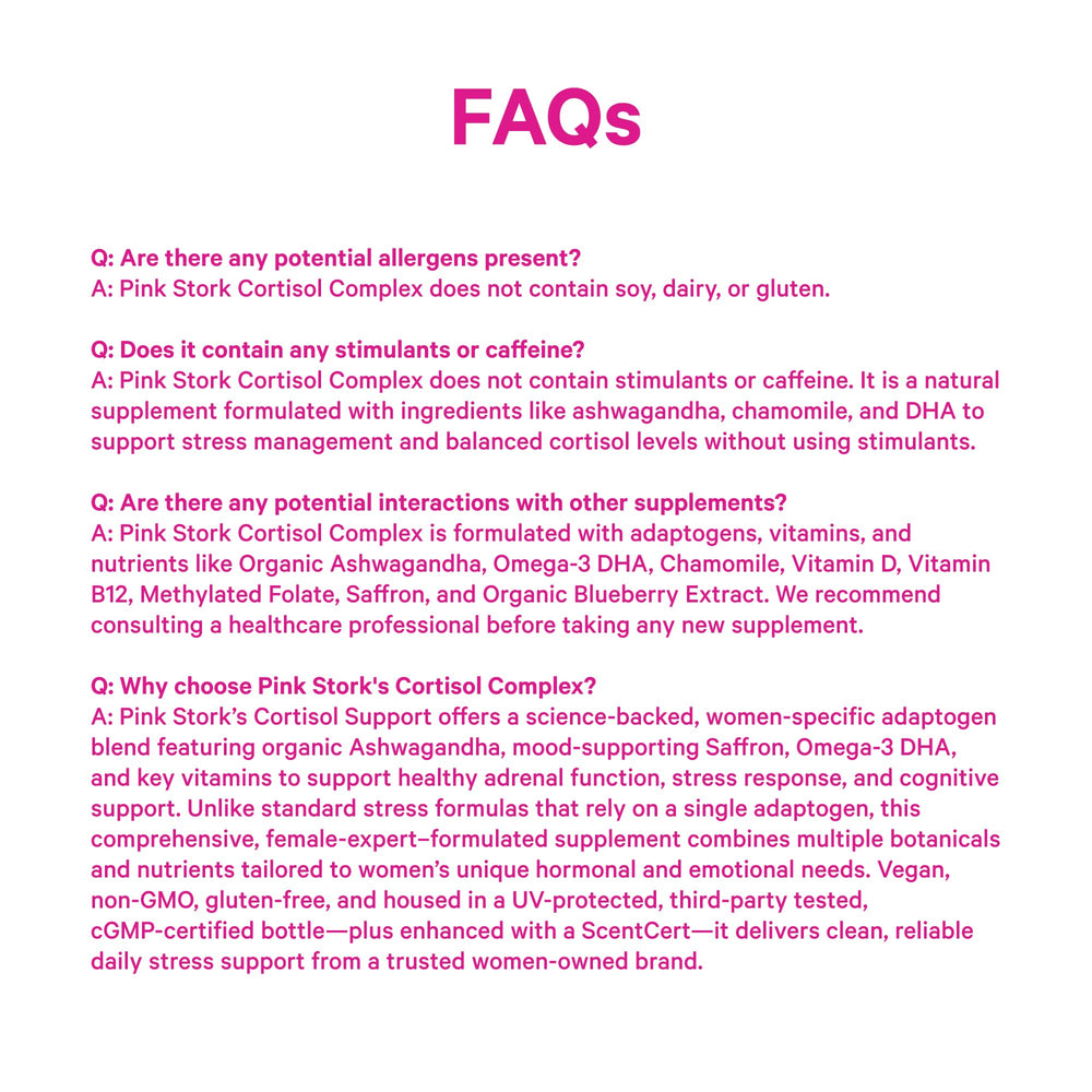 Pink Stork Cortisol Complex label mentions DHA omega-3 inclusion.