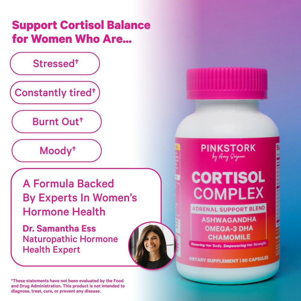 Pink Stork Cortisol Complex label highlighting organic ingredients and quality.