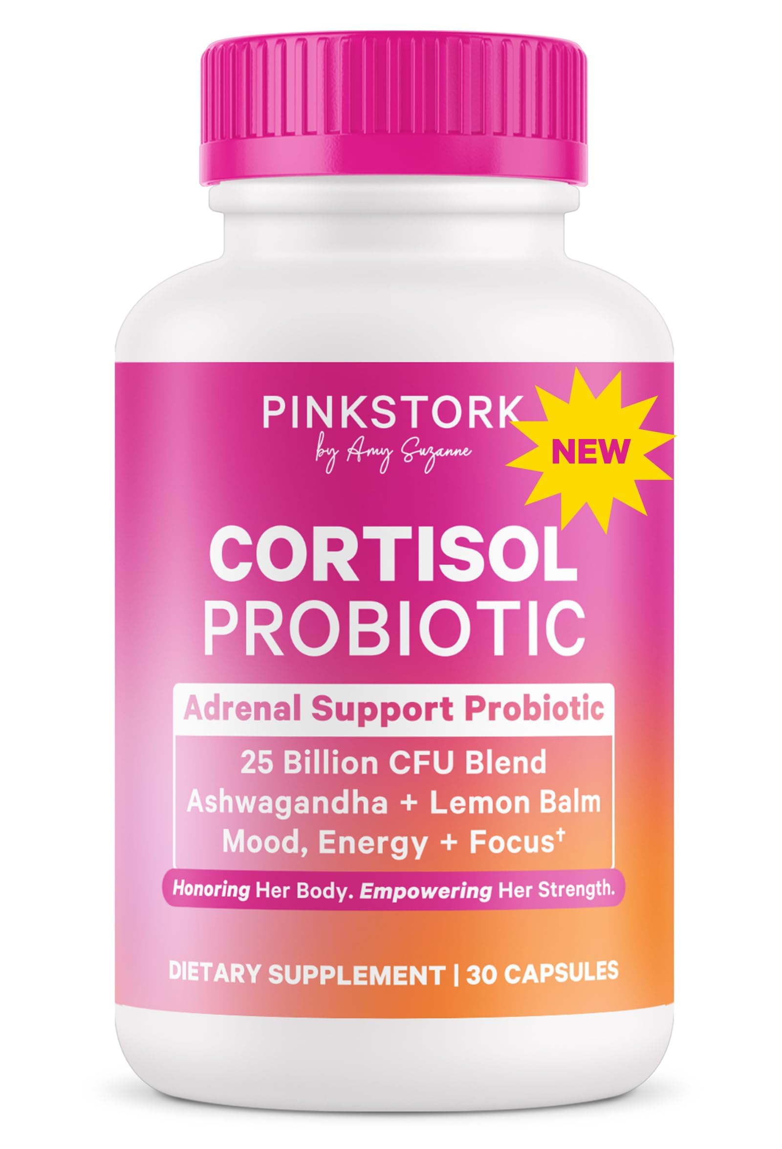Pink Stork Cortisol Probiotic bottle front promotes daily mood and adrenal support.