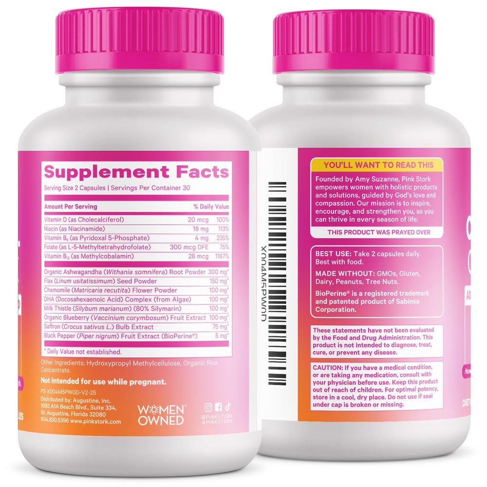 Pink Stork Cortisol Complex with ScentCert berry scent feature noted.