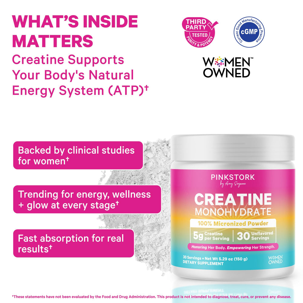 Pink Stork Creatine powder with scoop measuring 5 g serving.