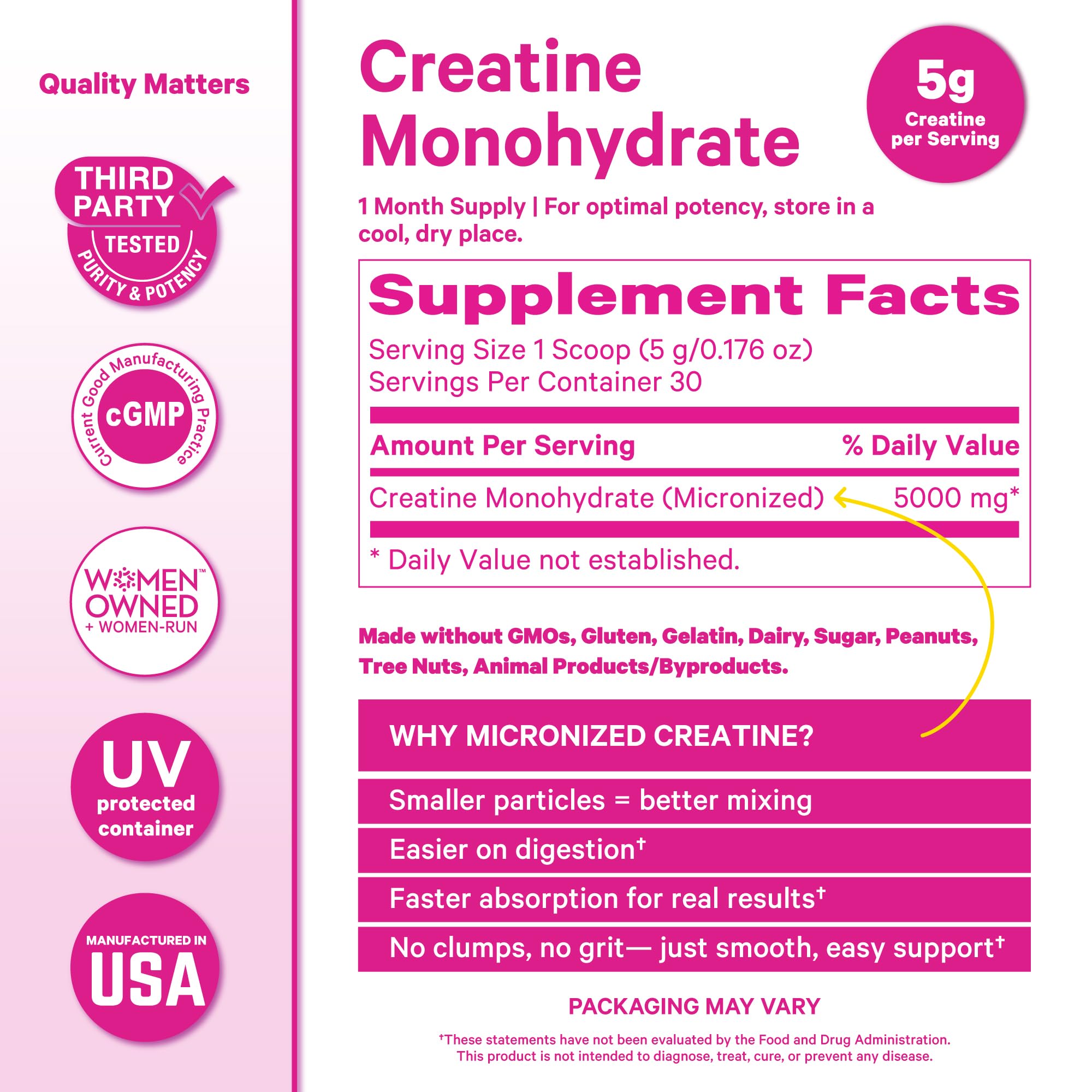 Unflavored creatine dissolves cleanly in water for beverages.