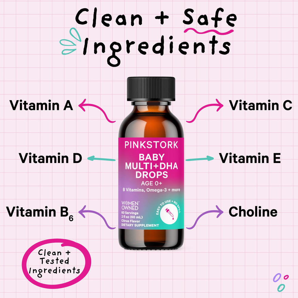 Pink Stork DHA Drops bottle highlighting DHA for brain development support.