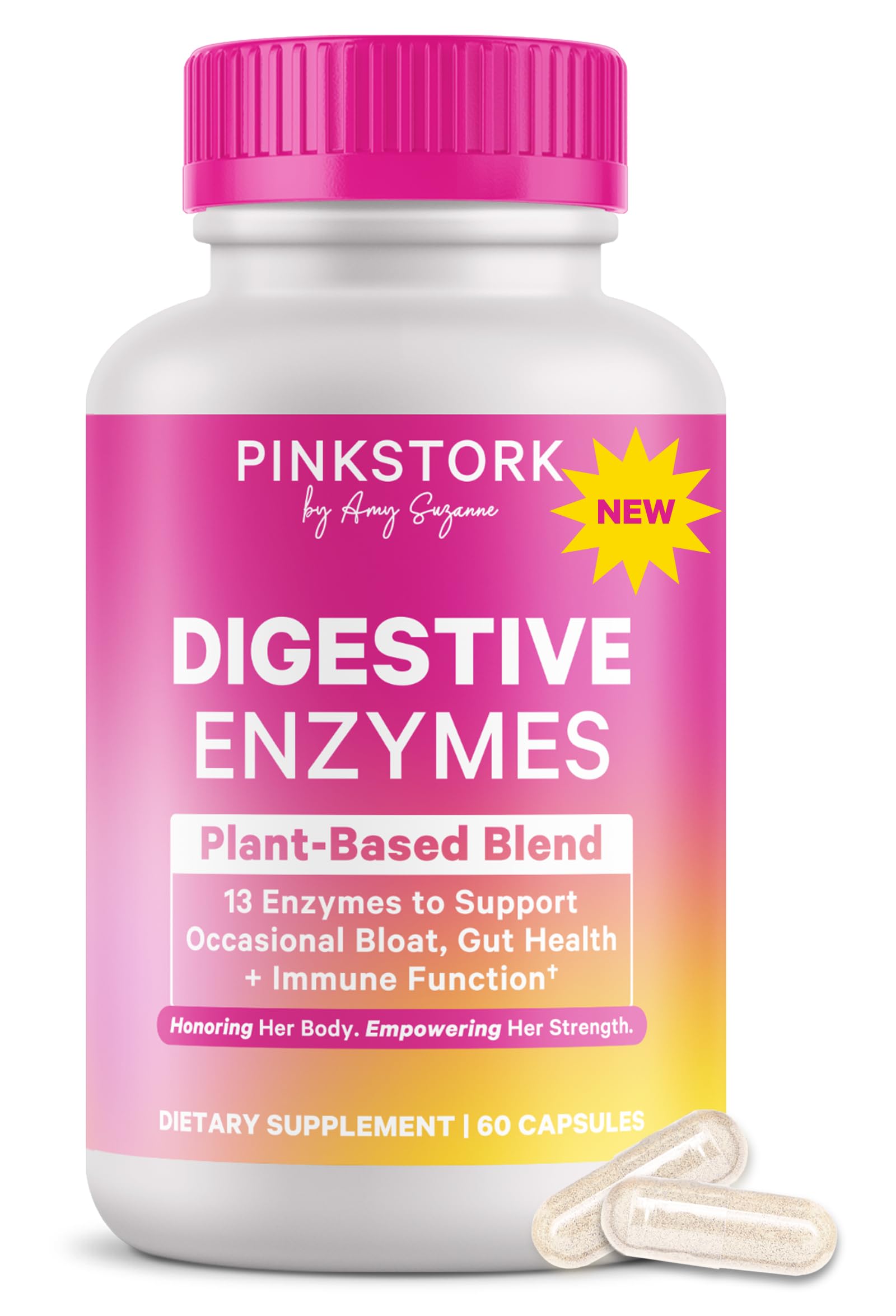 Pink Stork Digestive Enzymes bottle supports comfortable digestion