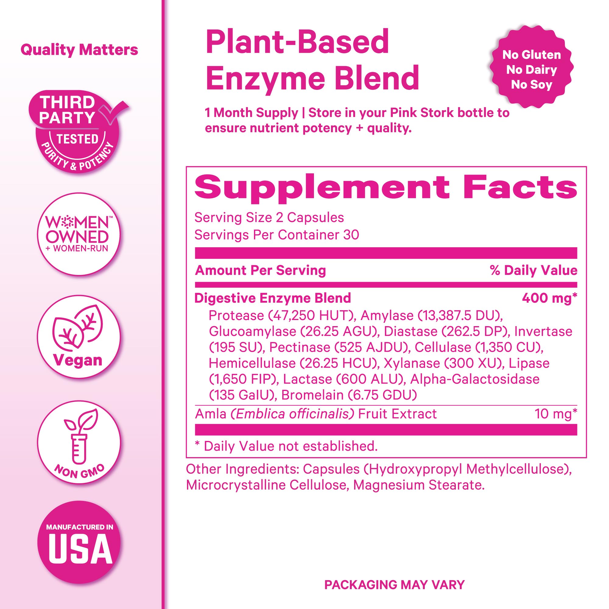 Pink Stork Digestive Enzymes packaging shows gluten-free and dairy-free formulation