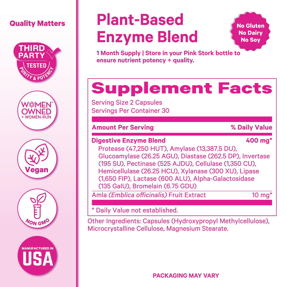 Pink Stork Digestive Enzymes packaging shows gluten-free and dairy-free formulation