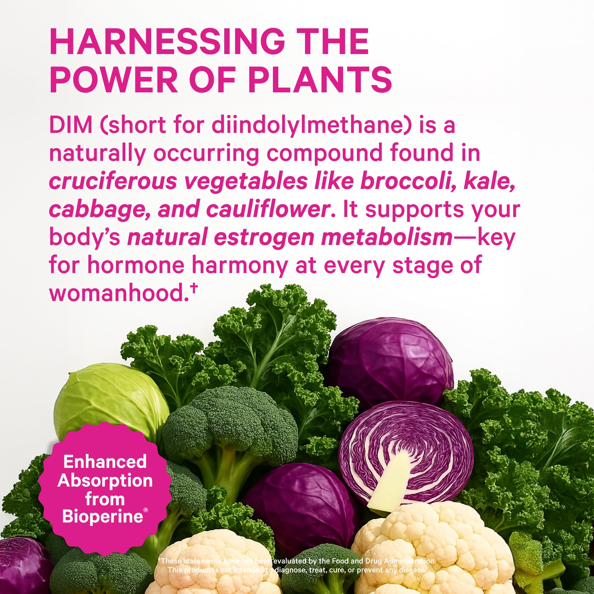 Pink Stork DIM capsules closeup highlighting easy-to-swallow pills for PMS support.