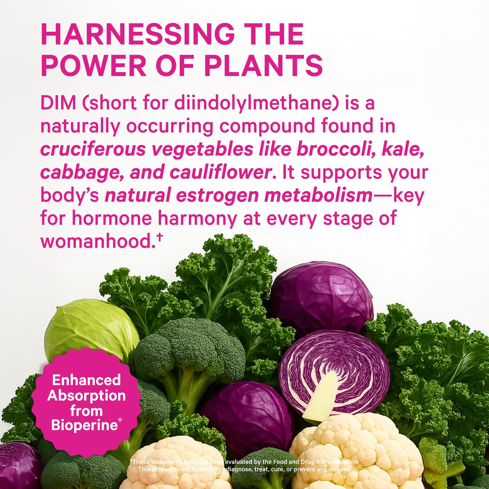 Pink Stork DIM capsules closeup highlighting easy-to-swallow pills for PMS support.