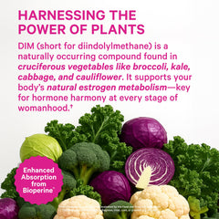 Pink Stork DIM capsules closeup highlighting easy-to-swallow pills for PMS support.