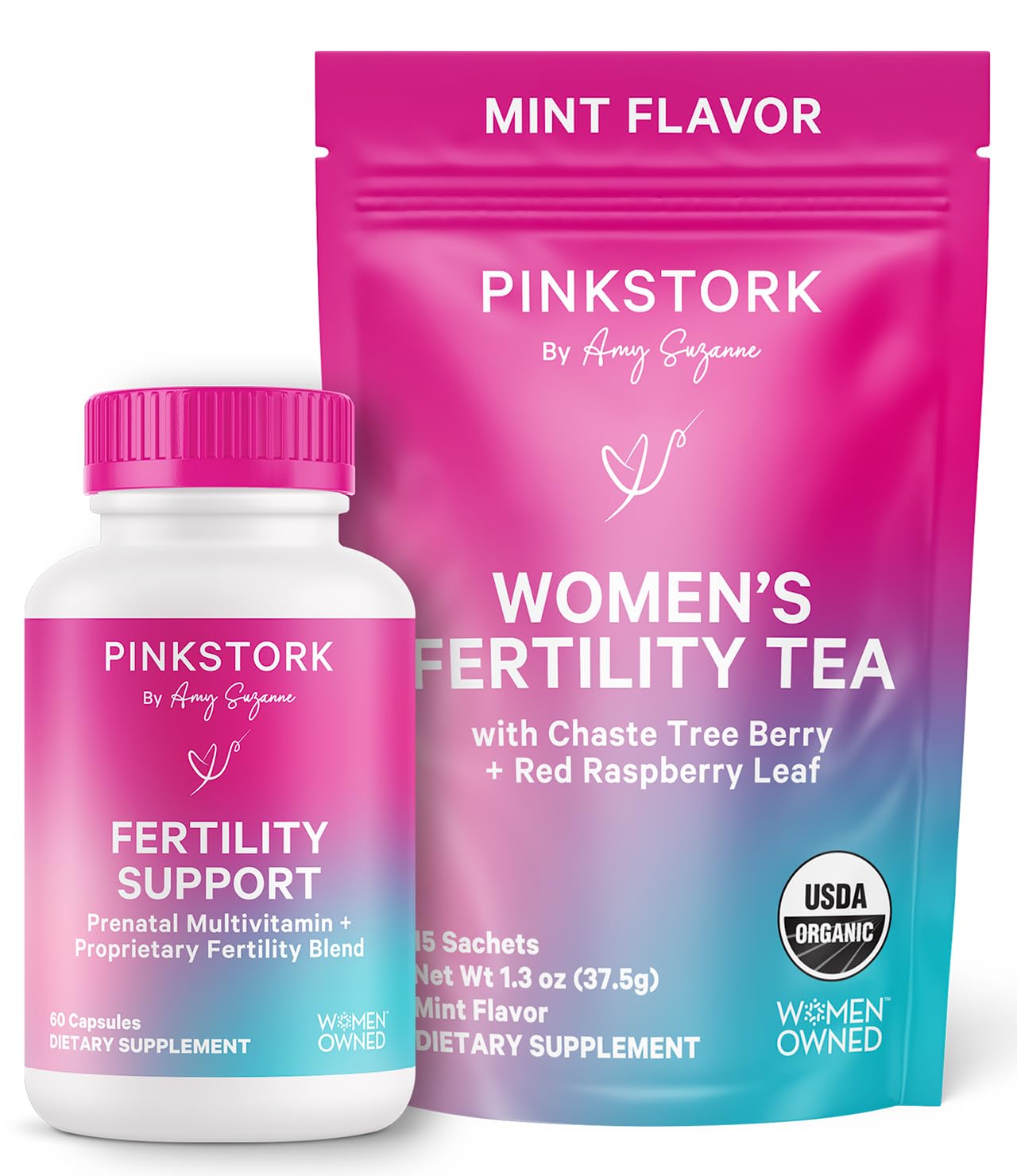 Pink Stork Fertility Bundle bottle shows supplement for hormonal balance and cycle support.