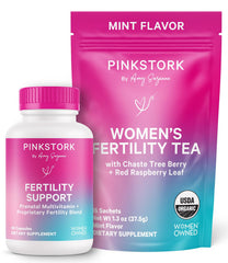 Pink Stork Fertility Bundle bottle shows supplement for hormonal balance and cycle support.