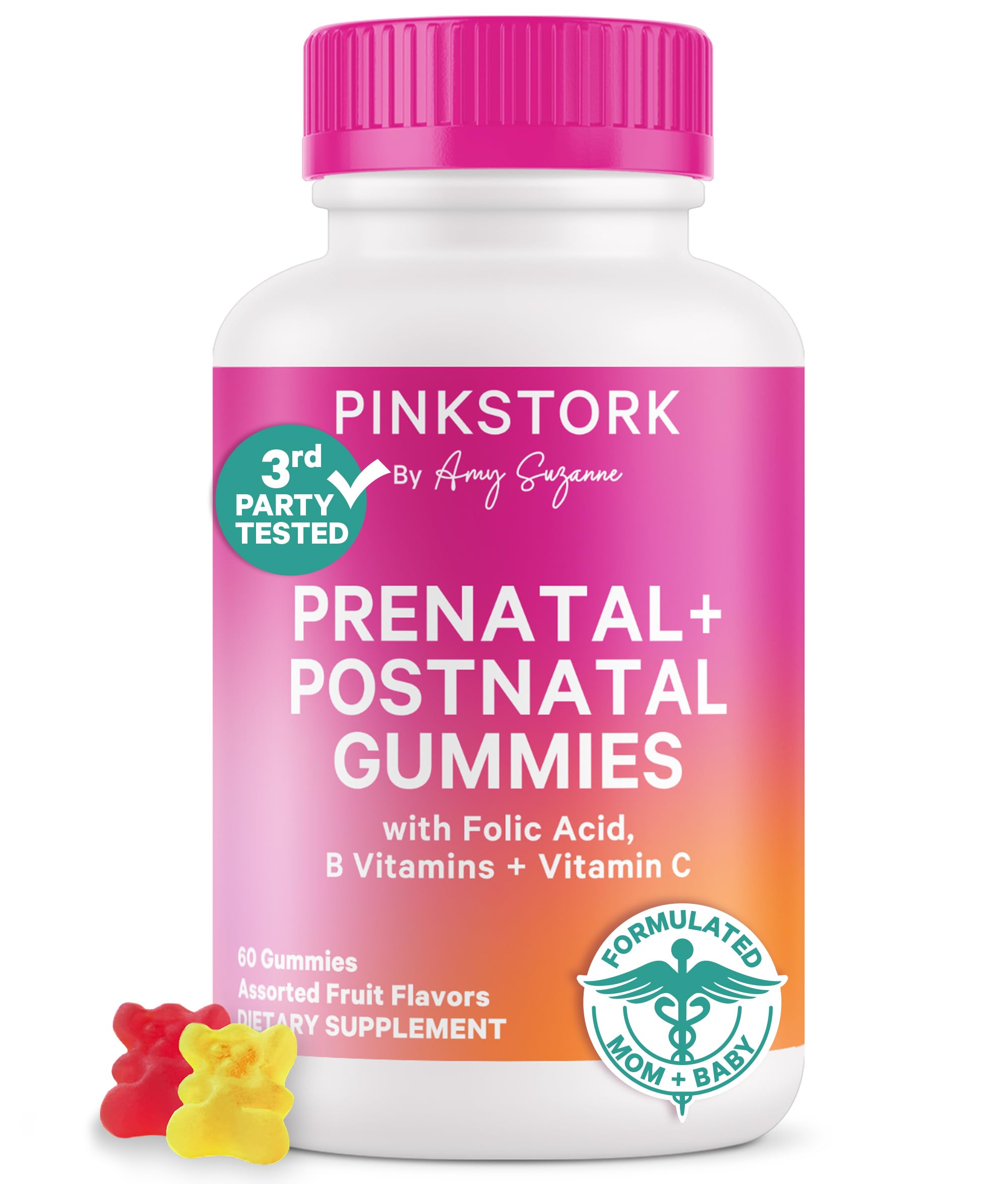 Pink Stork fertility-prenatal-postnatal gummies bottle for a convenient daily ritual
