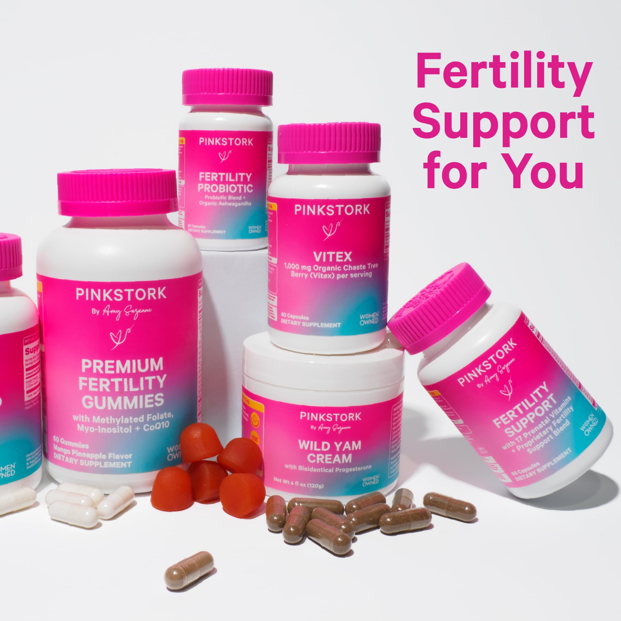 Label closeup shows clean, gluten-free Pink Stork fertility probiotic formula.