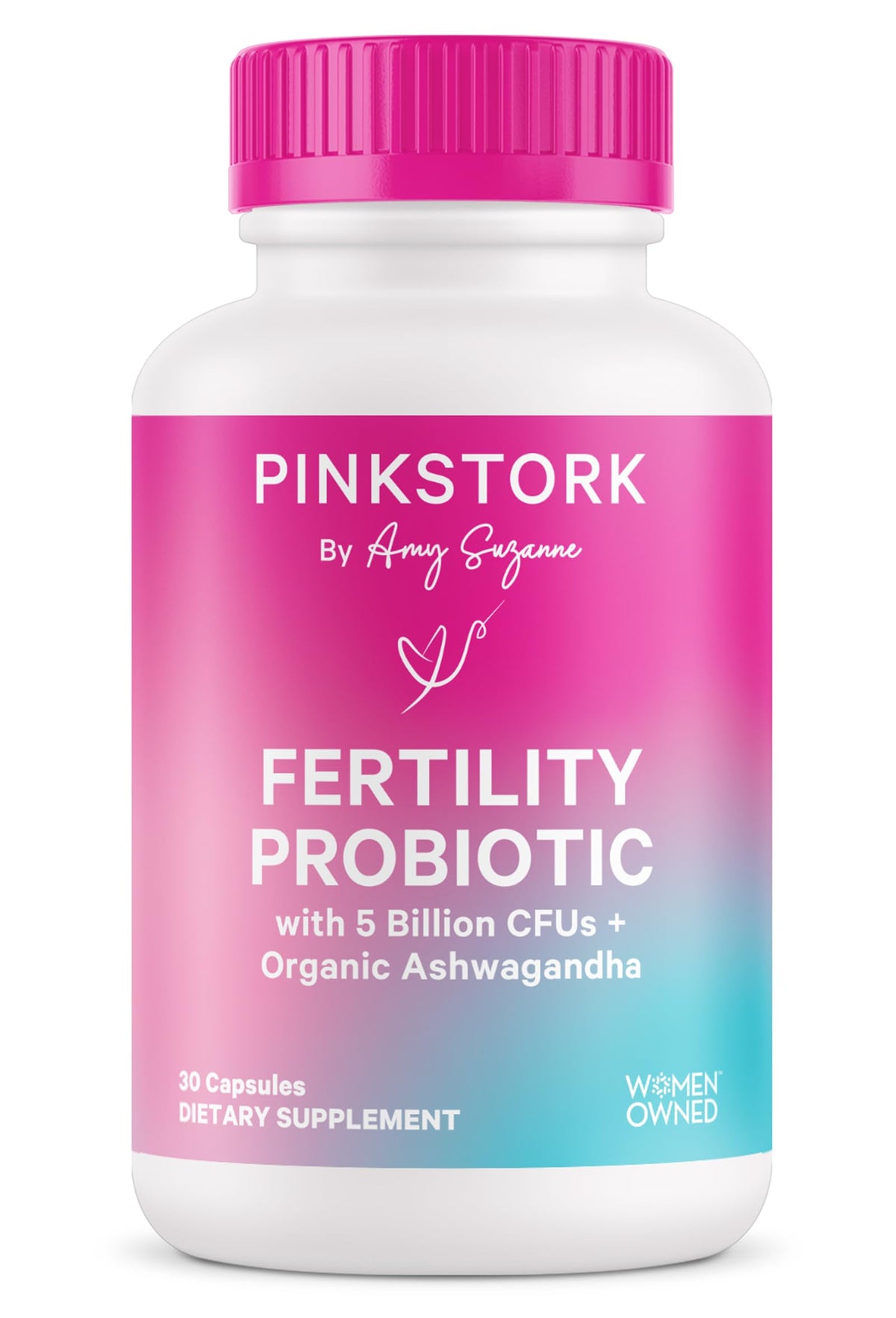 Pink Stork Fertility Probiotics bottle promotes balanced gut and vaginal health.