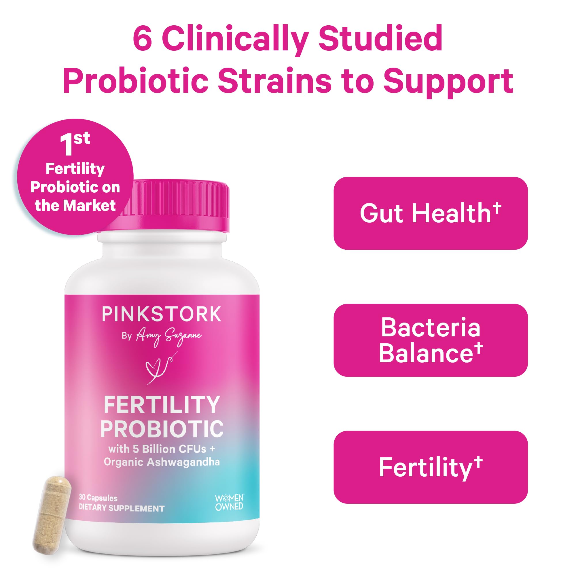 Closeup of Pink Stork Fertility Probiotics capsules for easy daily use.