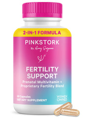 Pink Stork Fertility Support bottle shown for daily preconception routine.