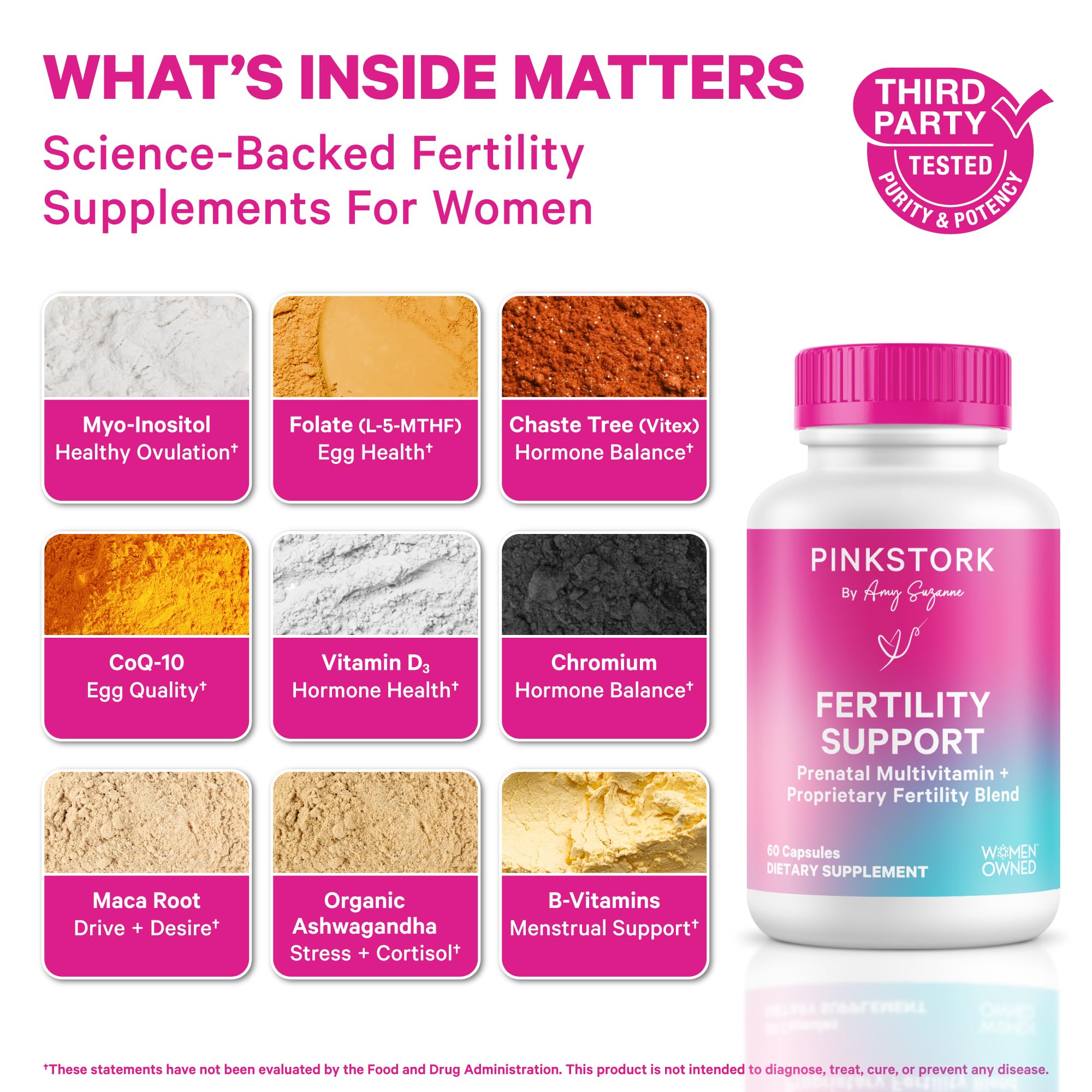 Pink Stork Fertility Support capsules ready for daily preconception routine.