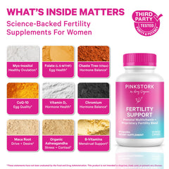 Pink Stork Fertility Support capsules ready for daily preconception routine.