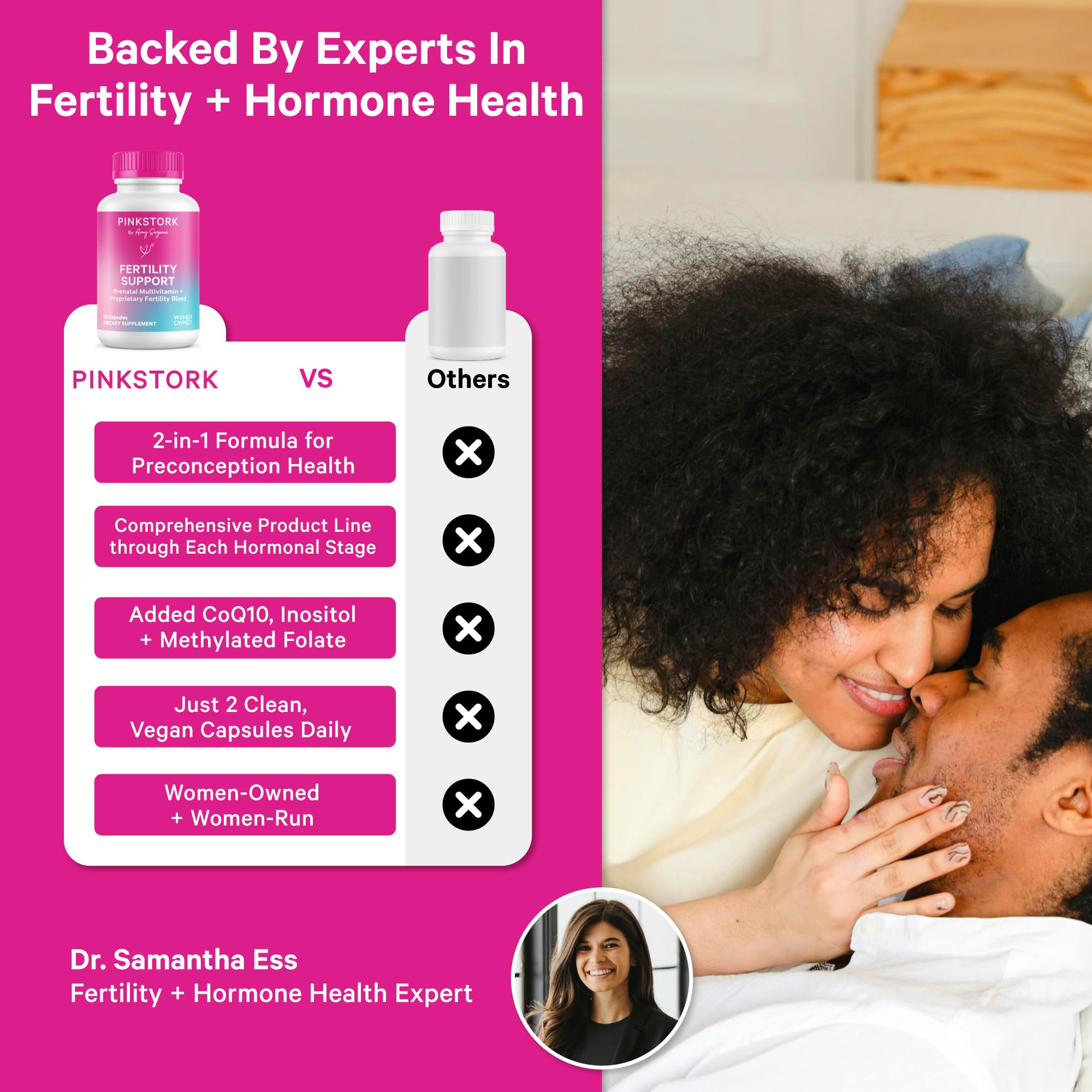 Close-up of Pink Stork label showing vegan, non-GMO formula.