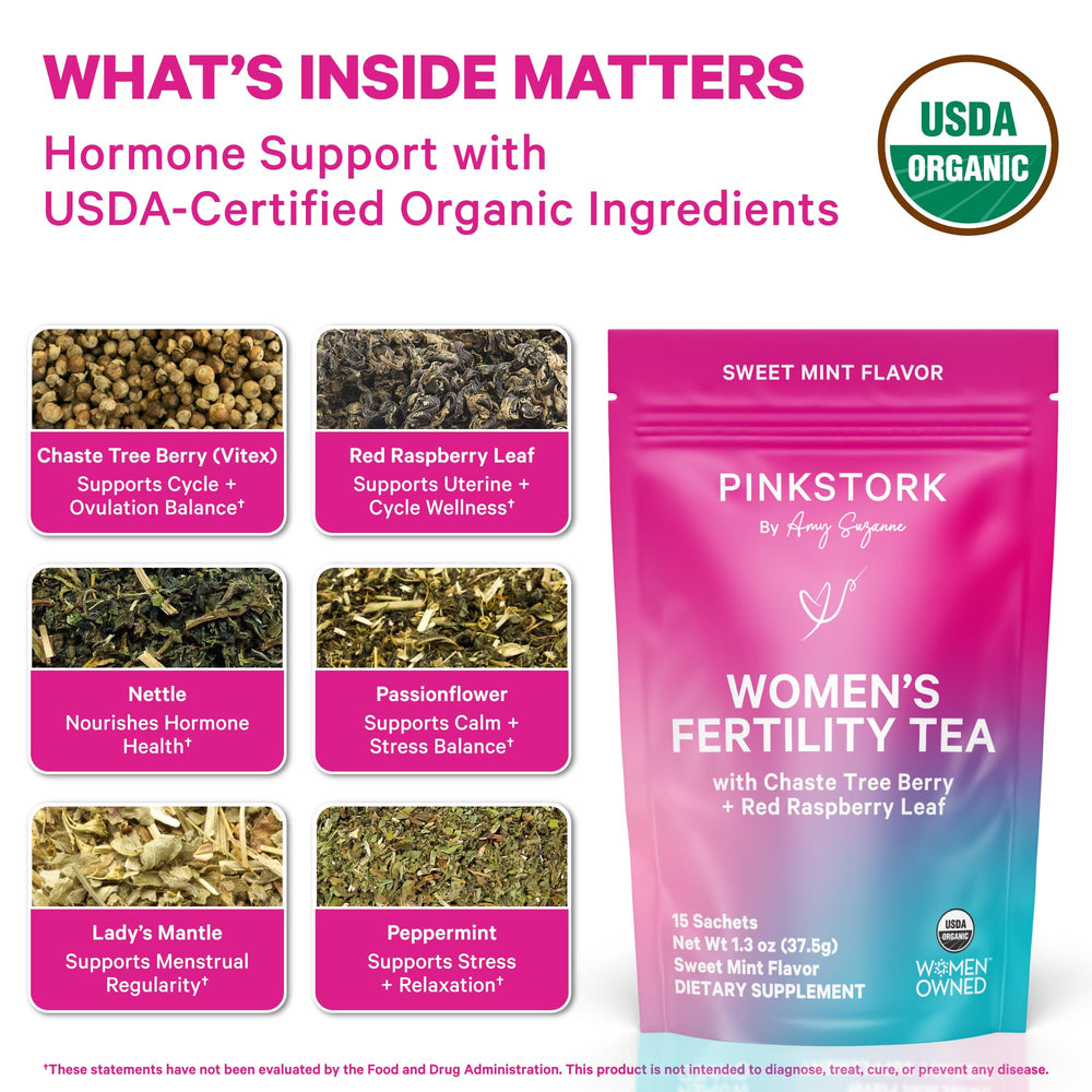 Vitex and Red Raspberry Leaf ingredients in Pink Stork Fertility Tea
