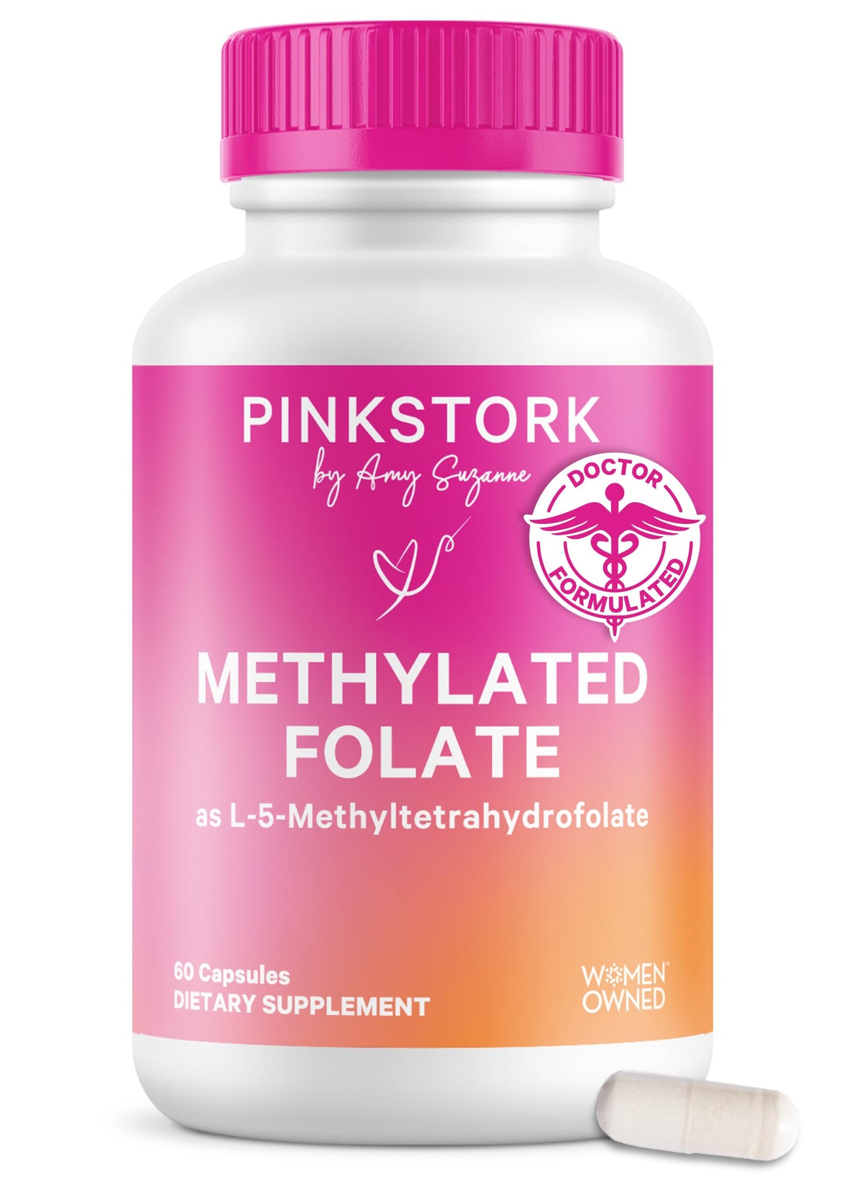 Pink Stork Folate bottle front promotes daily methyl folate support for prenatal wellness.