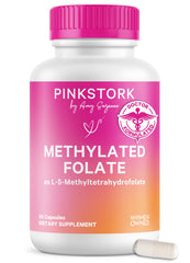 Pink Stork Folate bottle front promotes daily methyl folate support for prenatal wellness.