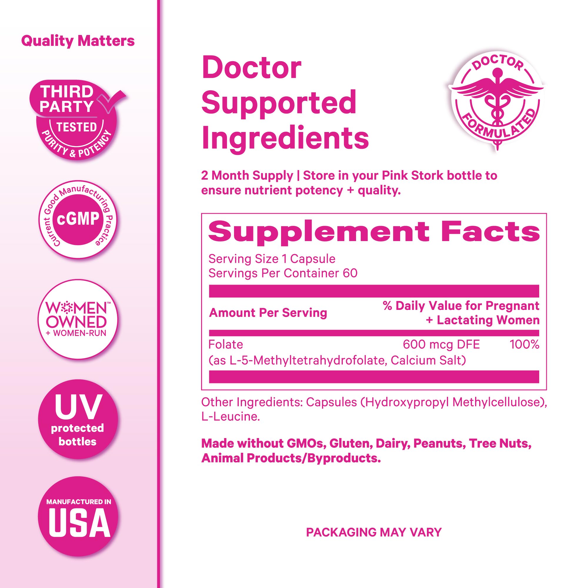 Pink Stork Folate bottle side view highlights easy-to-swallow vegetarian capsules.