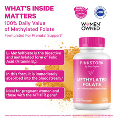 Closeup of Pink Stork Folate capsule confirms methylated folate formulation.