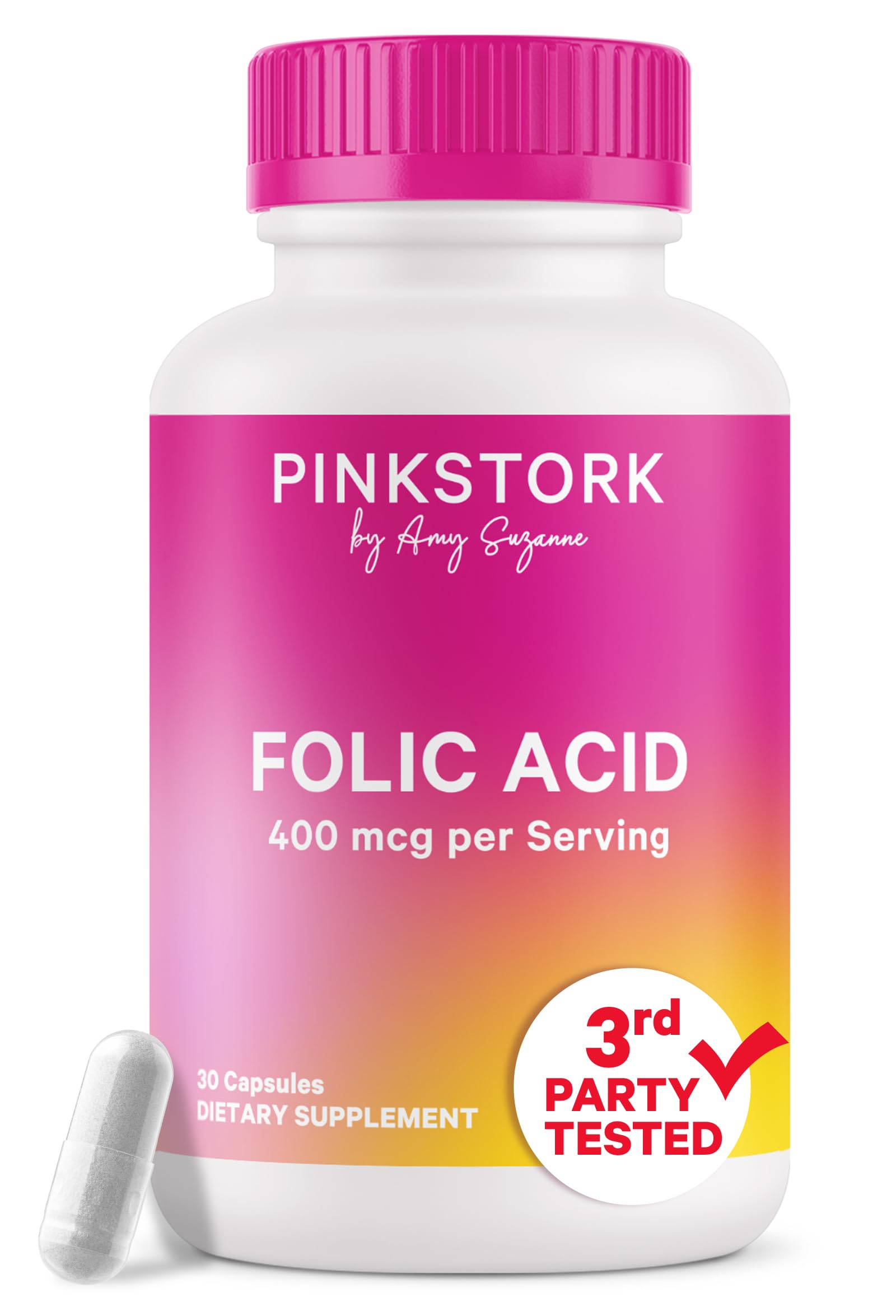 Pink Stork folic acid bottle shows the 400 mcg supplement for daily use.