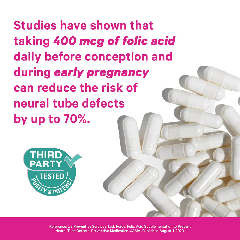 Label on Pink Stork folic acid bottle highlighting vegetarian capsules.