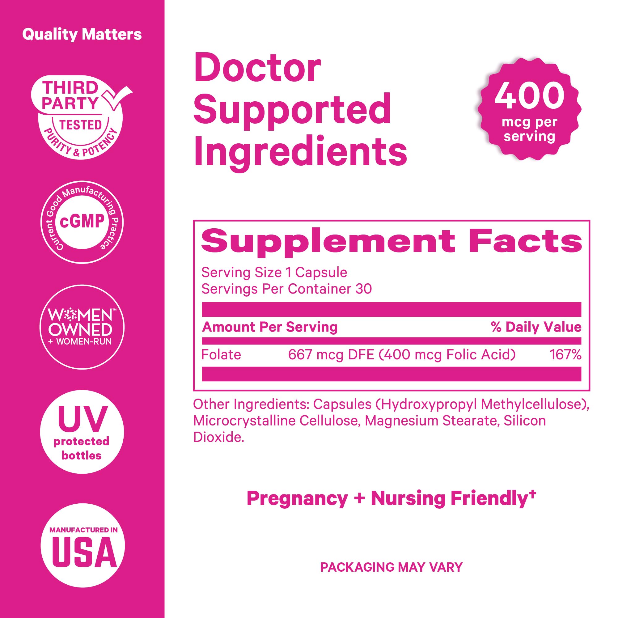 Pink Stork folic acid vegetarian capsules ready for daily intake.