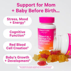 Pink Stork fruity gummies close-up highlighting flavor-friendly support for pregnancy