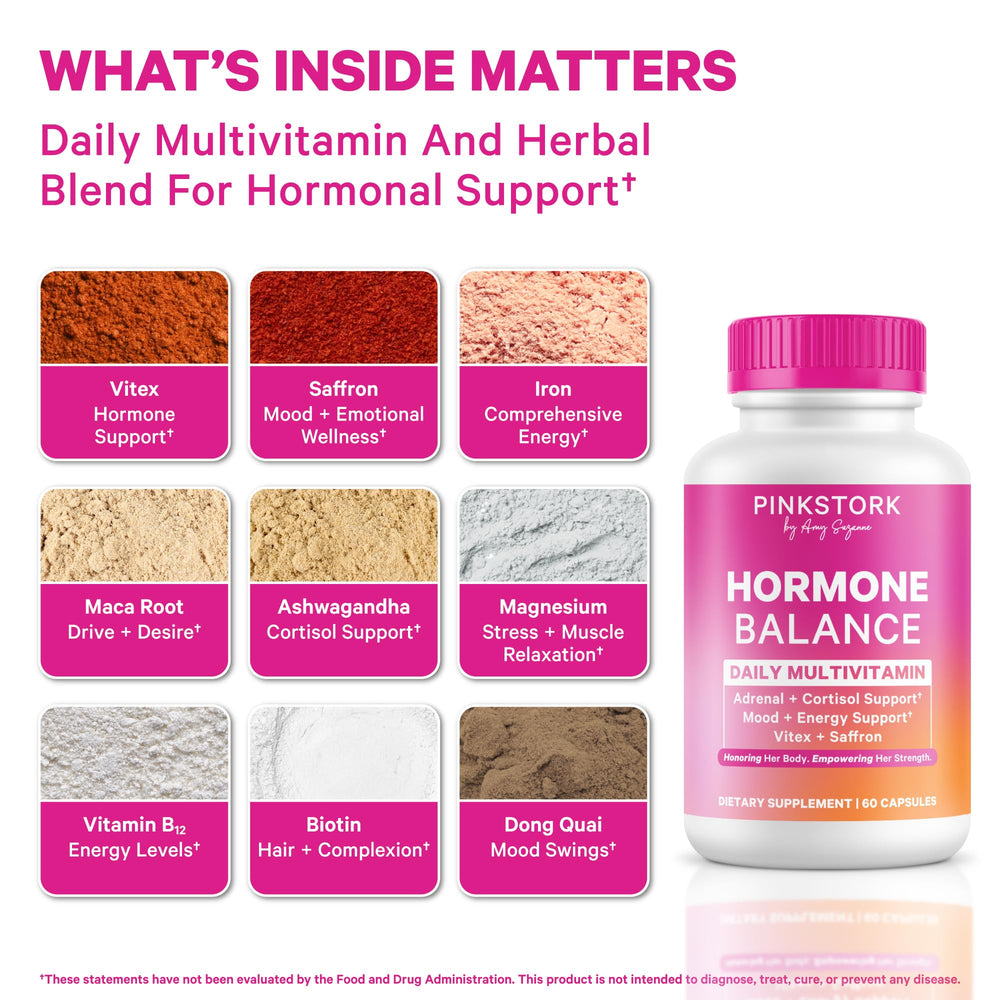 Pink Stork Hormone Balance bottle back with usage notes and ingredients.