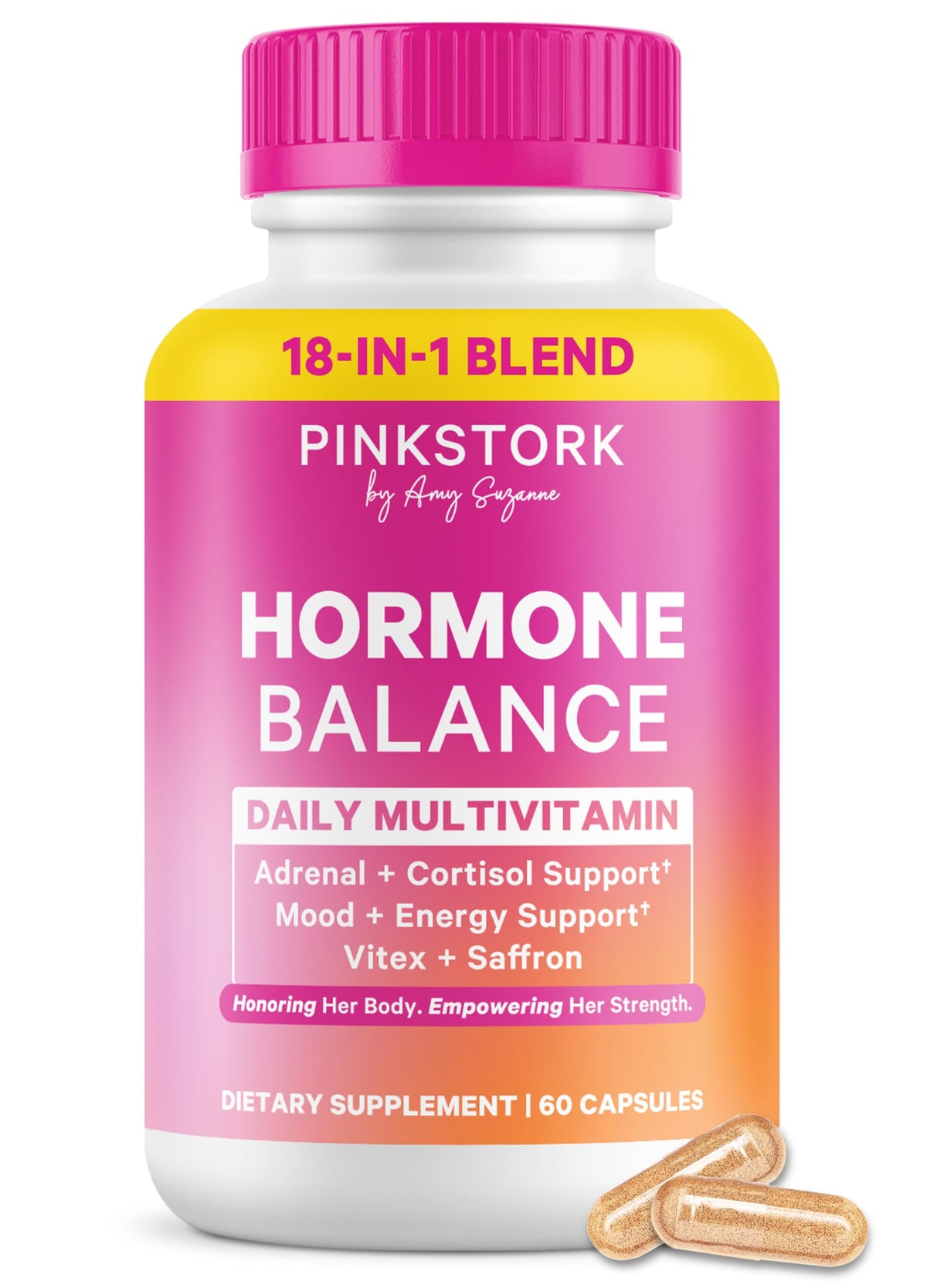 Pink Stork Hormone Balance bottle front for daily mood and energy support.